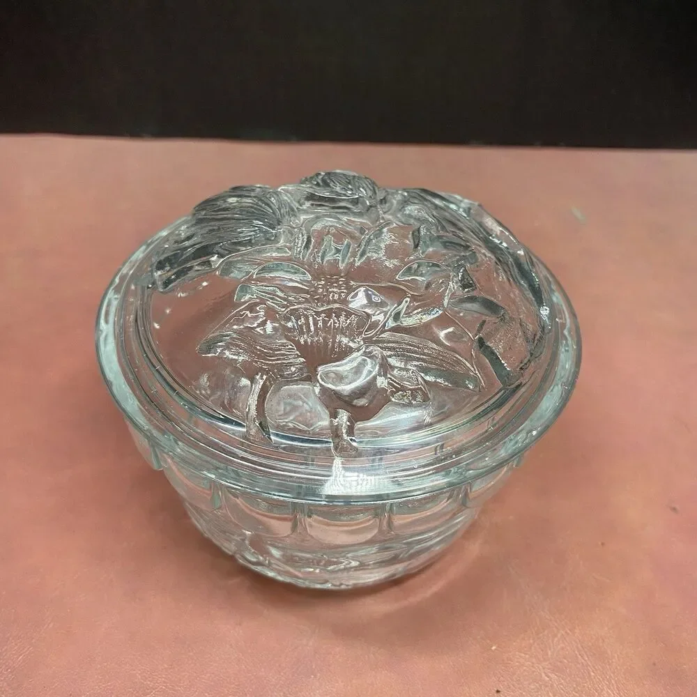 Glass Candy Or Trinket Dish Raised 3D Flower Vintage 1980s with Lid